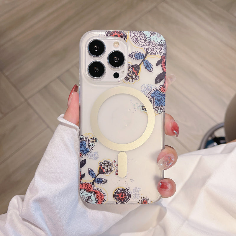 Magnetic Suction Clear Frosted Flower Phone Case