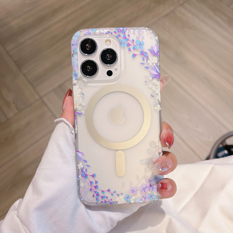Magnetic Suction Clear Frosted Flower Phone Case